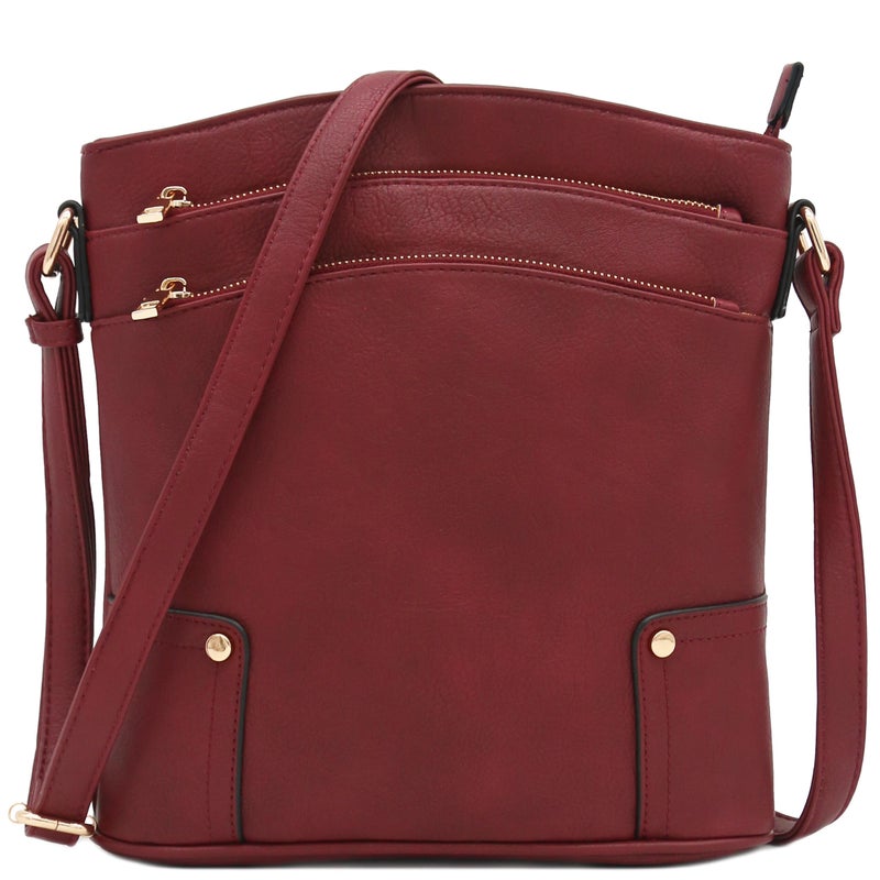 ALYSSA Triple Zip Pocket Large Crossbody Bag (Wine) - Image 1